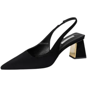 Women Shoes Suede High Heels Pointed Toe Slingbacks Thick High Heel Pumps Autumn Lady Party Heels Black 35-40 Women Shoes